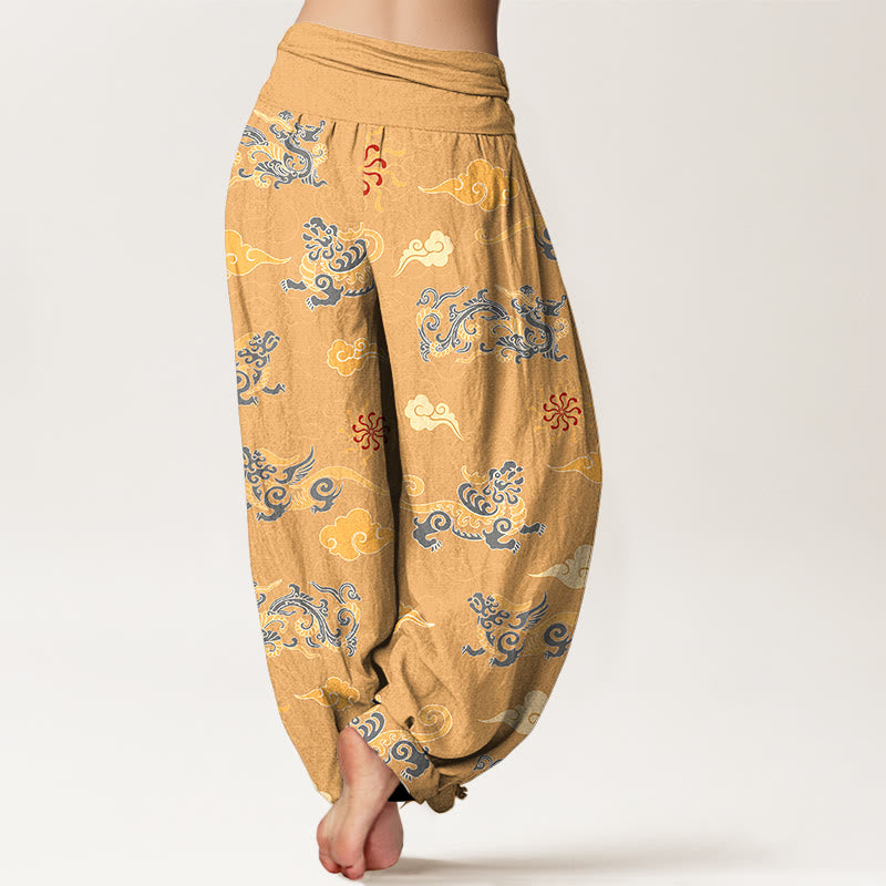 Nimara Ritual Cotton Gorgeous Dragon Auspicious Beast Cloud Pattern Women's Elastic Waist Harem Pants
