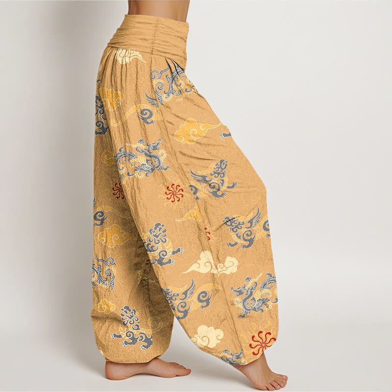 Nimara Ritual Cotton Gorgeous Dragon Auspicious Beast Cloud Pattern Women's Elastic Waist Harem Pants