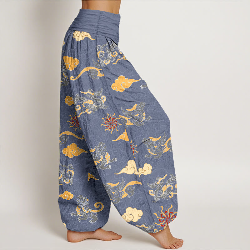 Nimara Ritual Cotton Gorgeous Dragon Auspicious Beast Cloud Pattern Women's Elastic Waist Harem Pants