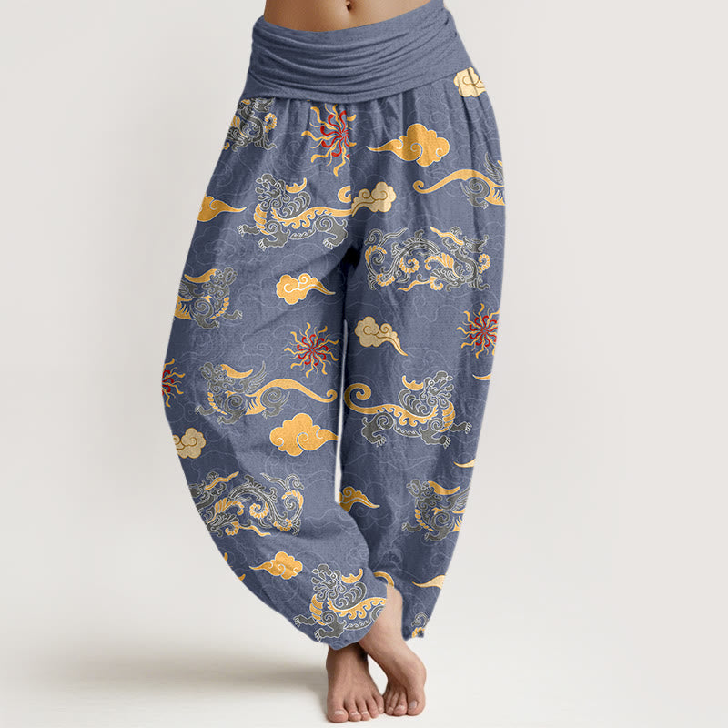 Nimara Ritual Cotton Gorgeous Dragon Auspicious Beast Cloud Pattern Women's Elastic Waist Harem Pants