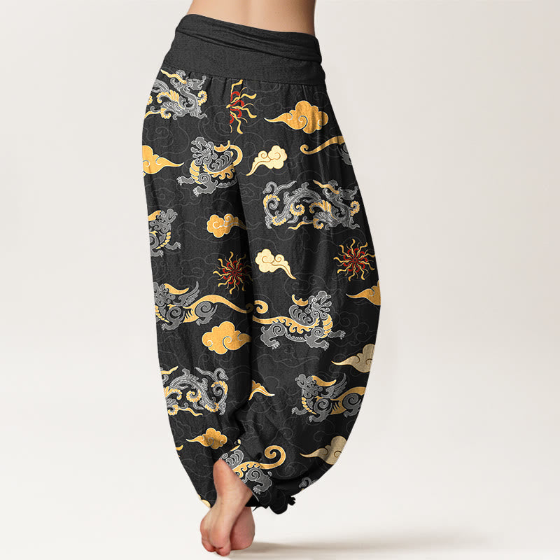Nimara Ritual Cotton Gorgeous Dragon Auspicious Beast Cloud Pattern Women's Elastic Waist Harem Pants