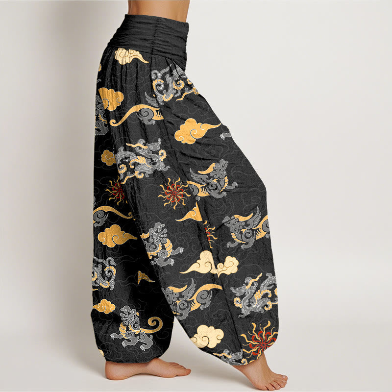 Nimara Ritual Cotton Gorgeous Dragon Auspicious Beast Cloud Pattern Women's Elastic Waist Harem Pants