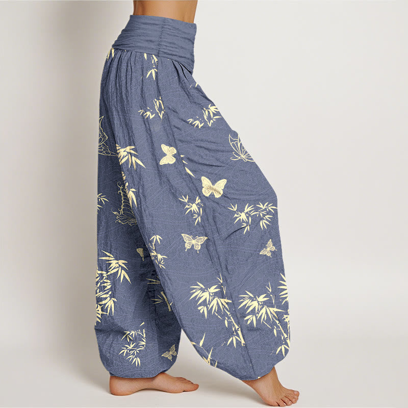 Nimara Ritual Cotton Elegant Butterfly Bamboo Pattern Women's Elastic Waist Harem Pants