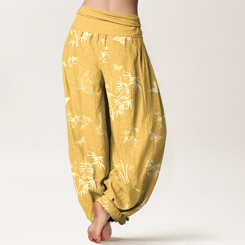 Nimara Ritual Cotton Elegant Butterfly Bamboo Pattern Women's Elastic Waist Harem Pants
