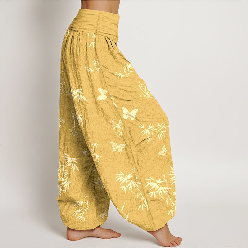 Nimara Ritual Cotton Elegant Butterfly Bamboo Pattern Women's Elastic Waist Harem Pants