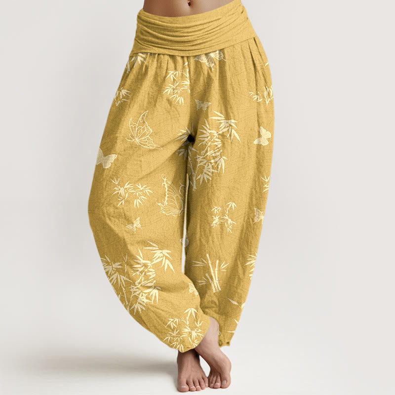 Nimara Ritual Cotton Elegant Butterfly Bamboo Pattern Women's Elastic Waist Harem Pants