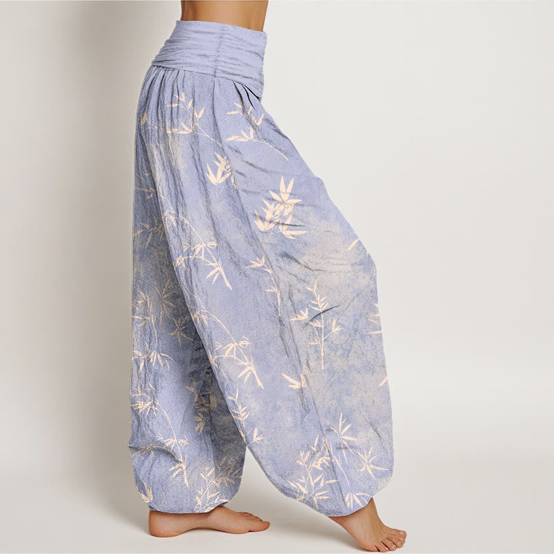 Nimara Ritual Cotton Simple Bamboo Leaves Pattern Women's Elastic Waist Harem Pants