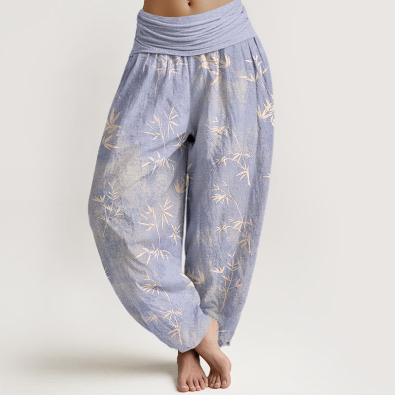 Nimara Ritual Cotton Simple Bamboo Leaves Pattern Women's Elastic Waist Harem Pants