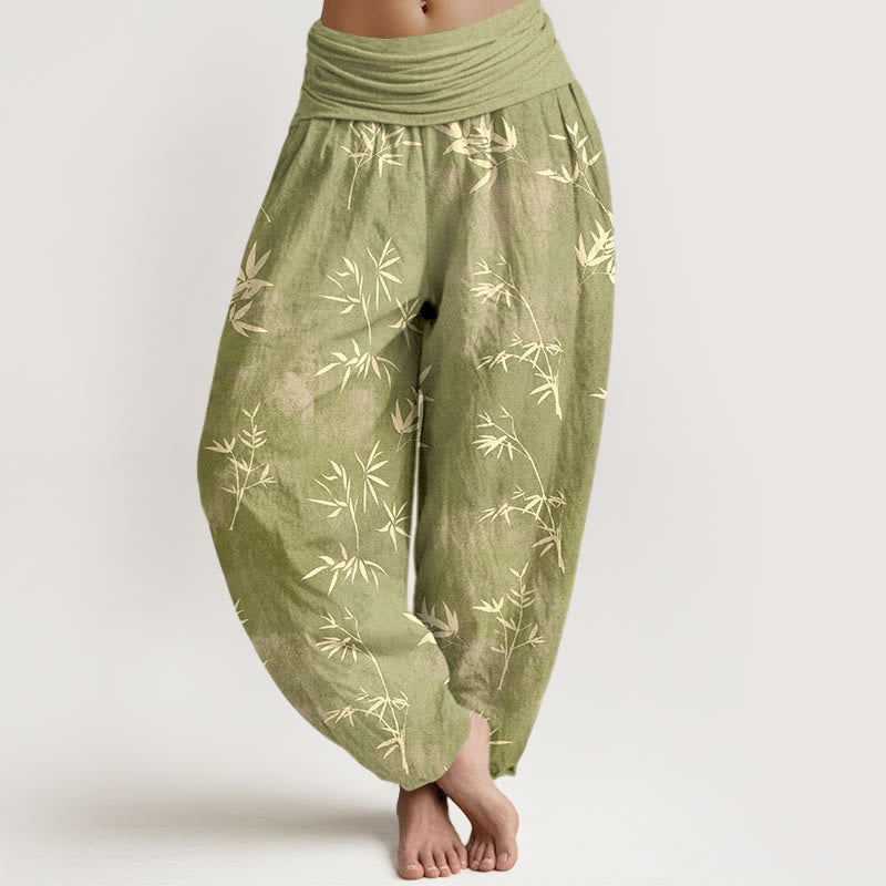 Nimara Ritual Cotton Simple Bamboo Leaves Pattern Women's Elastic Waist Harem Pants