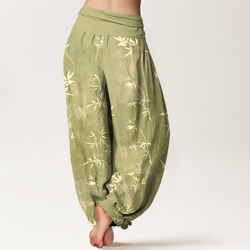 Nimara Ritual Cotton Simple Bamboo Leaves Pattern Women's Elastic Waist Harem Pants