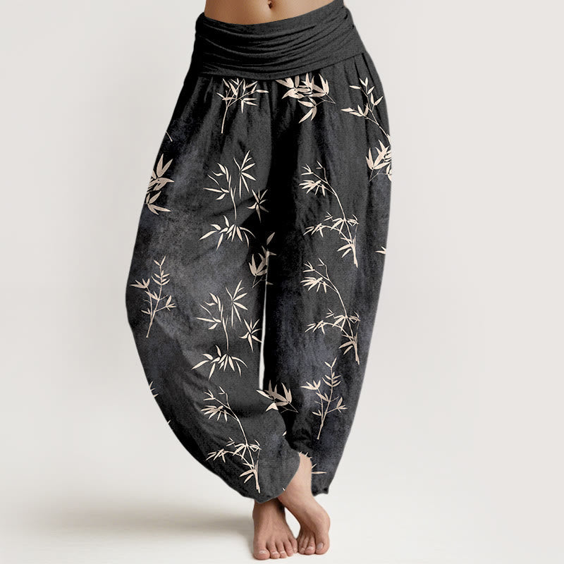 Nimara Ritual Cotton Simple Bamboo Leaves Pattern Women's Elastic Waist Harem Pants