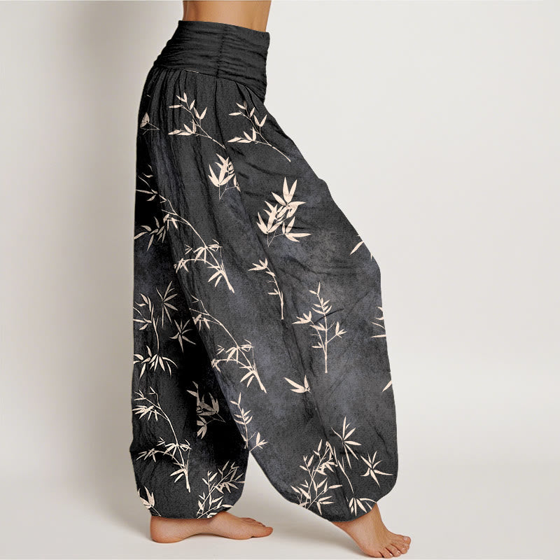 Nimara Ritual Cotton Simple Bamboo Leaves Pattern Women's Elastic Waist Harem Pants