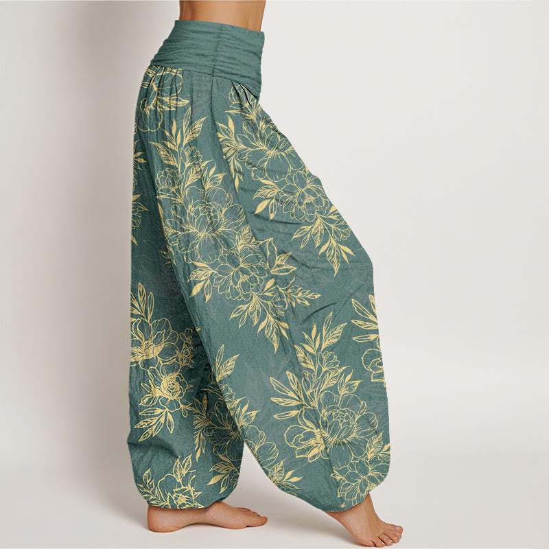 Nimara Ritual Cotton Complicated Flowers Leaves Pattern Women's Elastic Waist Harem Pants