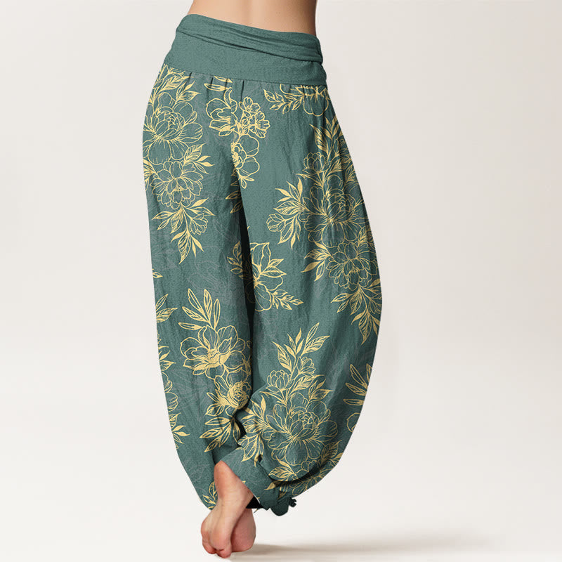 Nimara Ritual Cotton Complicated Flowers Leaves Pattern Women's Elastic Waist Harem Pants