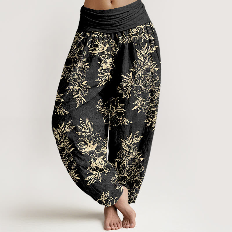 Nimara Ritual Cotton Complicated Flowers Leaves Pattern Women's Elastic Waist Harem Pants