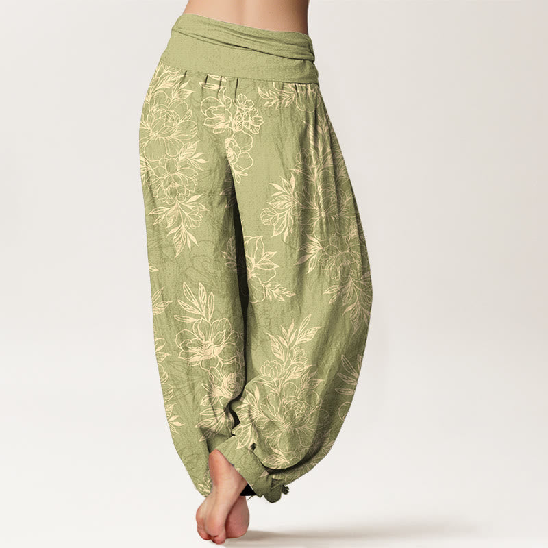 Nimara Ritual Cotton Complicated Flowers Leaves Pattern Women's Elastic Waist Harem Pants