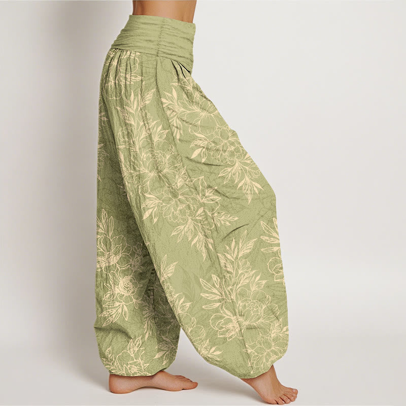 Nimara Ritual Cotton Complicated Flowers Leaves Pattern Women's Elastic Waist Harem Pants