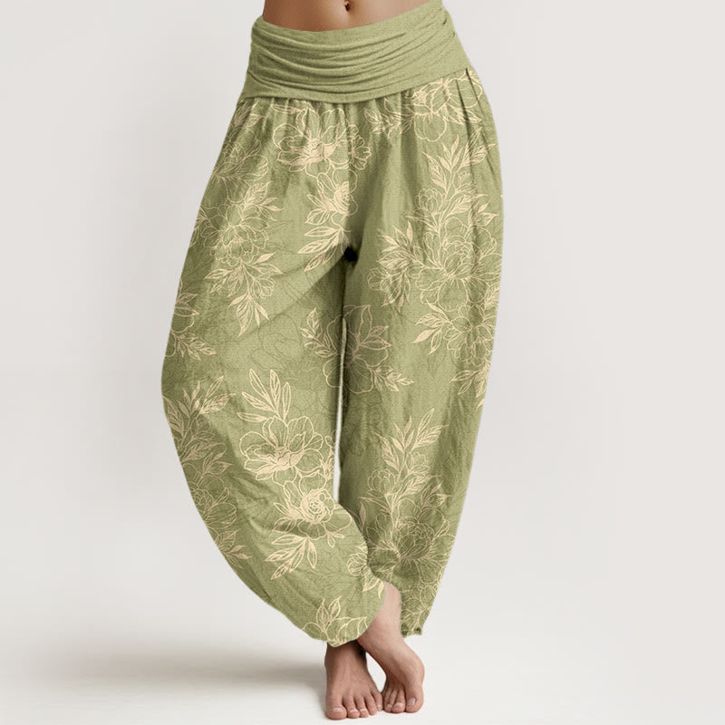 Nimara Ritual Cotton Complicated Flowers Leaves Pattern Women's Elastic Waist Harem Pants