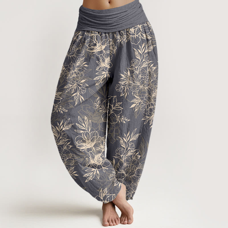 Nimara Ritual Cotton Complicated Flowers Leaves Pattern Women's Elastic Waist Harem Pants