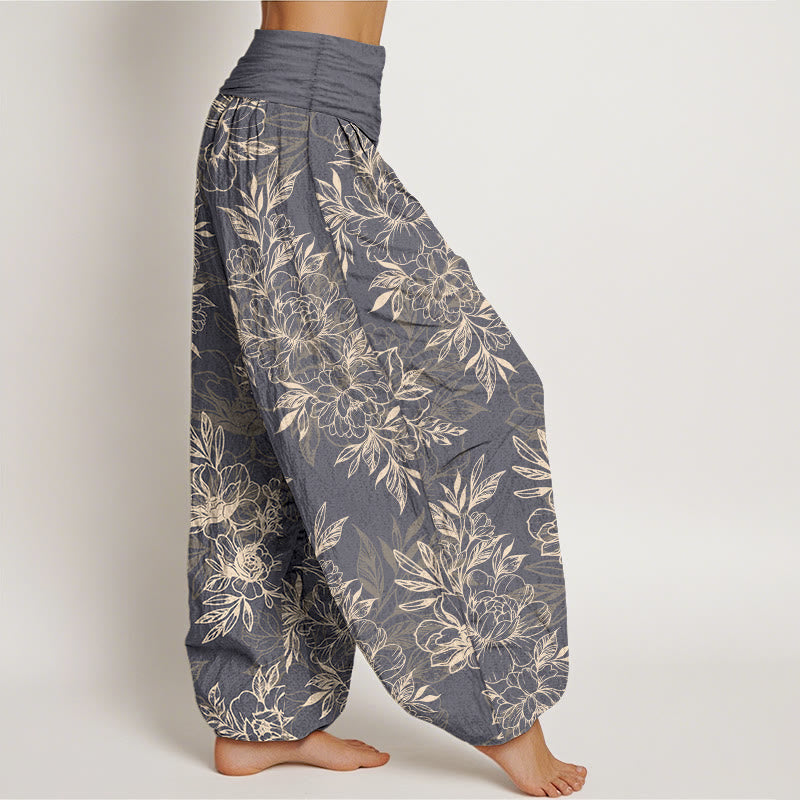 Nimara Ritual Cotton Complicated Flowers Leaves Pattern Women's Elastic Waist Harem Pants