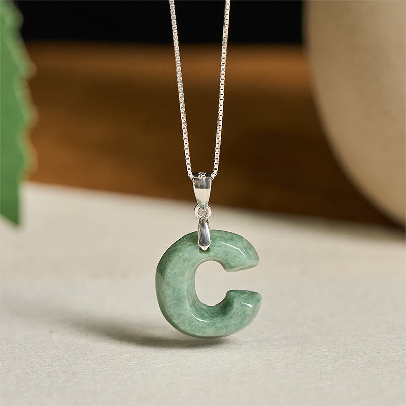 Nimara Ritual Natural A-Z Letter Jade 925 Sterling Silver Silm Chain Prosperity Necklace Pendant