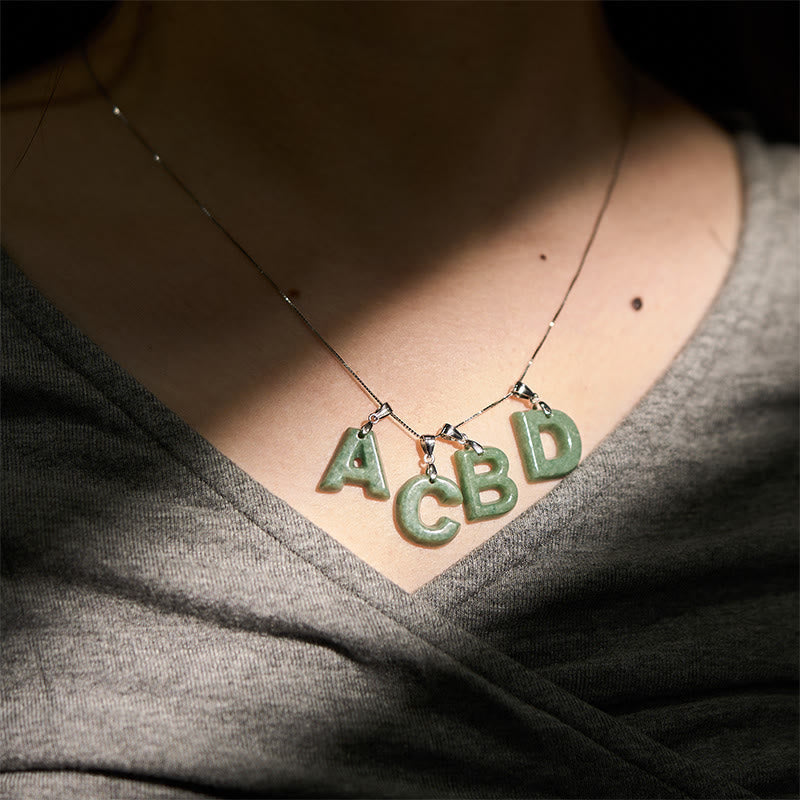 Nimara Ritual Natural A-Z Letter Jade 925 Sterling Silver Silm Chain Prosperity Necklace Pendant