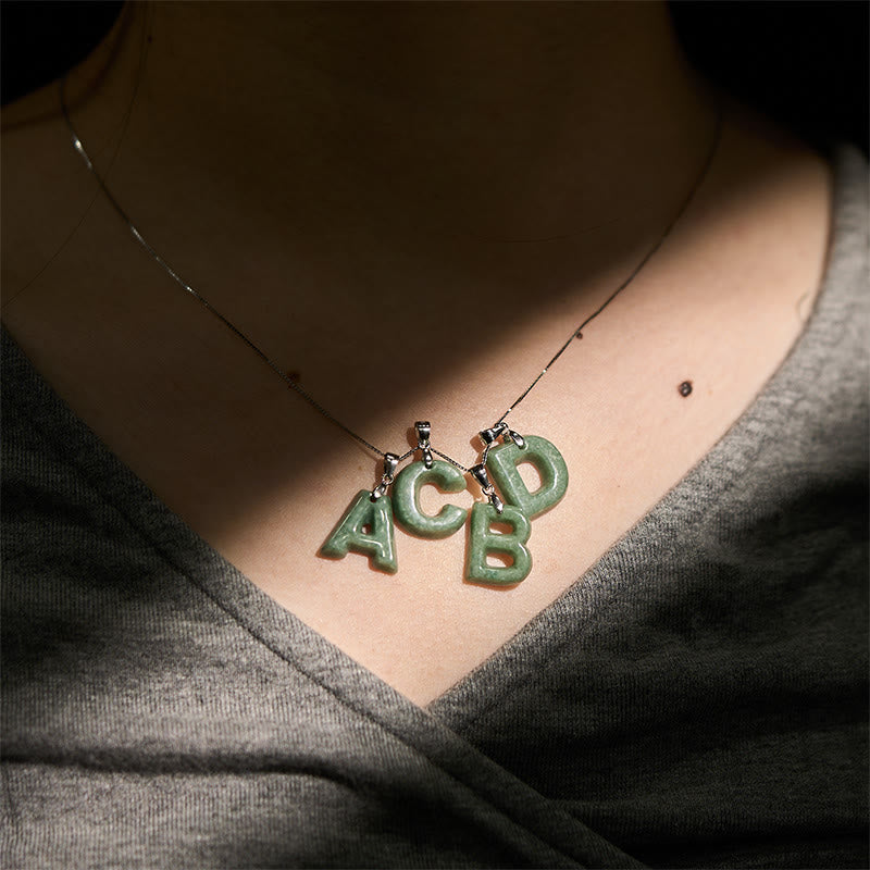 Nimara Ritual Natural A-Z Letter Jade 925 Sterling Silver Silm Chain Prosperity Necklace Pendant