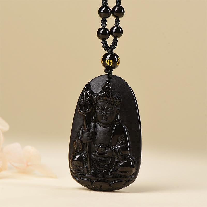 Nimara Ritual Ksitigarbha Buddha Pattern Black Obsidian Fulfilment Necklace Pendant