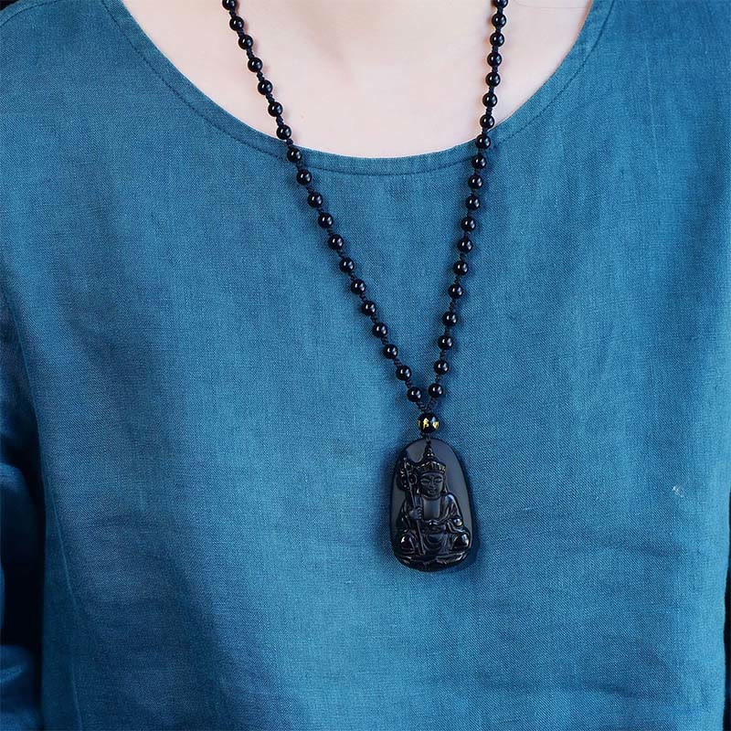 Nimara Ritual Ksitigarbha Buddha Pattern Black Obsidian Fulfilment Necklace Pendant