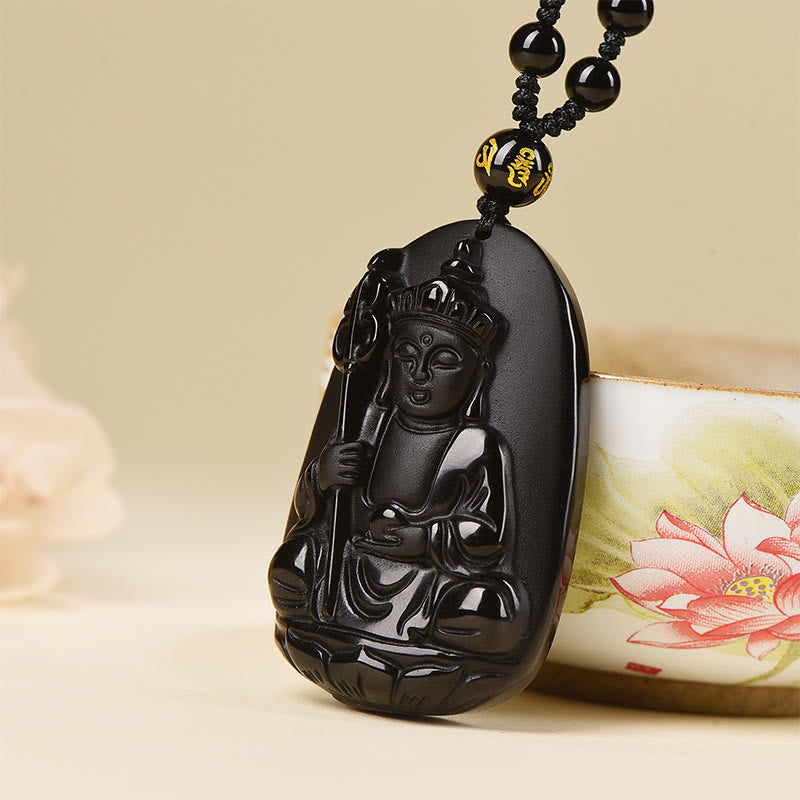 Nimara Ritual Ksitigarbha Buddha Pattern Black Obsidian Fulfilment Necklace Pendant