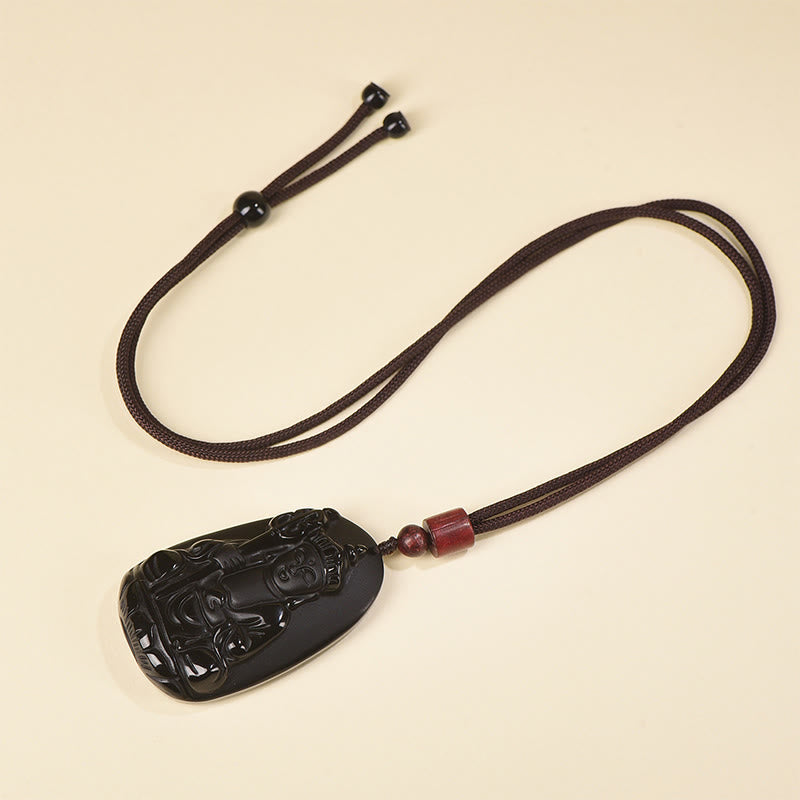 Nimara Ritual Ksitigarbha Buddha Pattern Black Obsidian Fulfilment Necklace Pendant