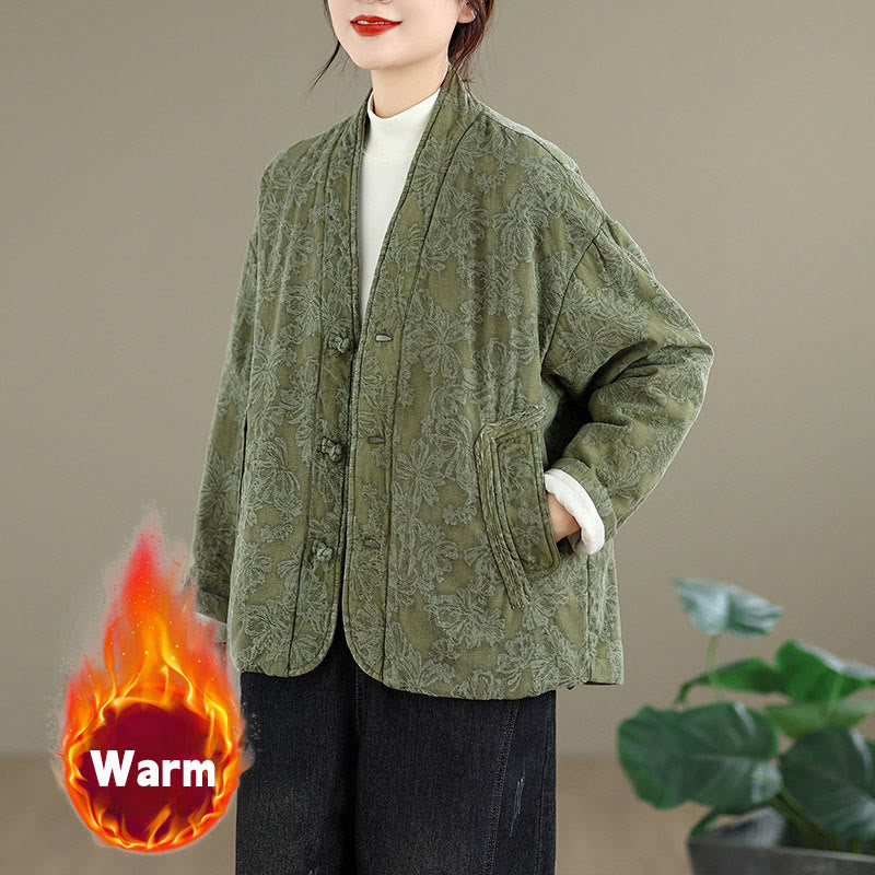 Nimara Ritual Winter V-Neck Jacquard Frog-Button Cotton Long Sleeve Women's Thermal Jacket With Pockets