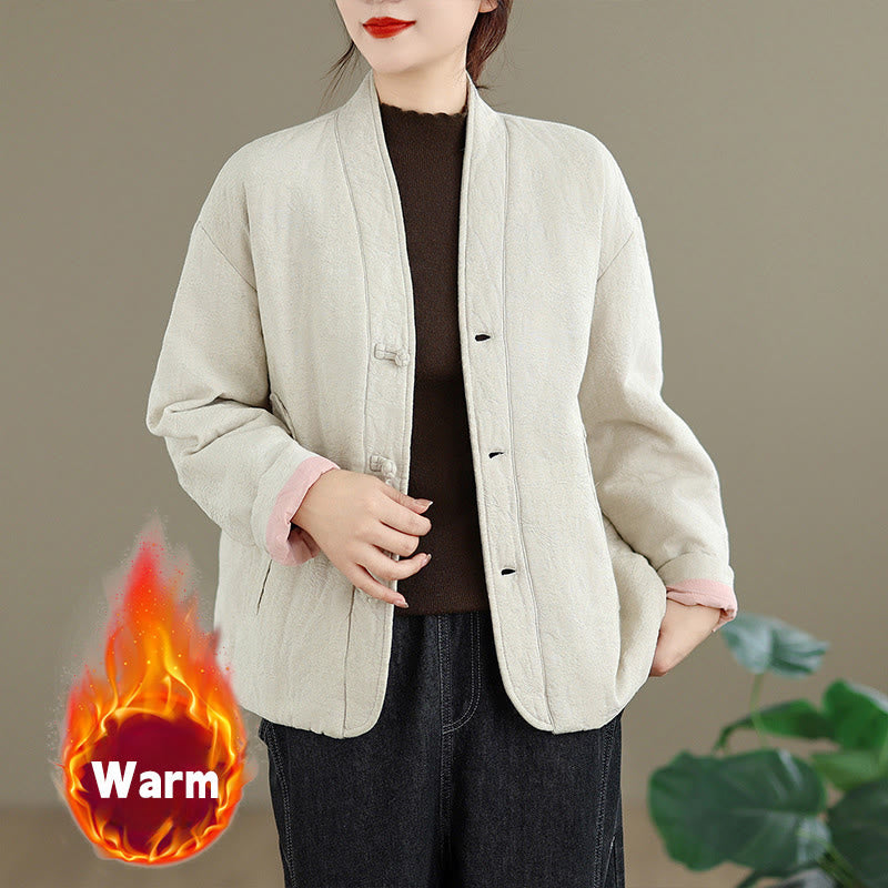 Nimara Ritual Winter V-Neck Jacquard Frog-Button Cotton Long Sleeve Women's Thermal Jacket With Pockets