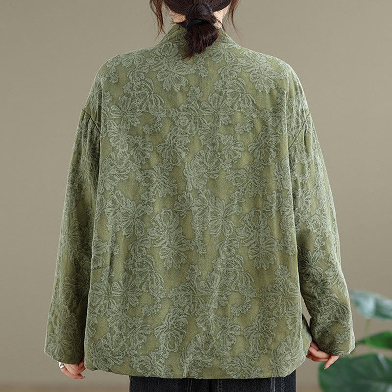 Nimara Ritual Winter V-Neck Jacquard Frog-Button Cotton Long Sleeve Women's Thermal Jacket With Pockets
