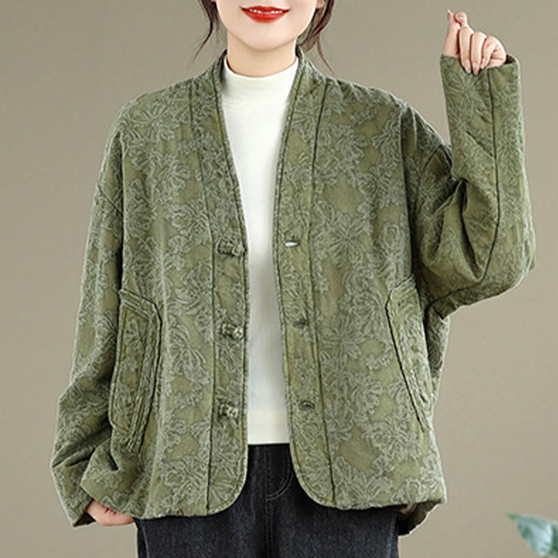 Nimara Ritual Winter V-Neck Jacquard Frog-Button Cotton Long Sleeve Women's Thermal Jacket With Pockets