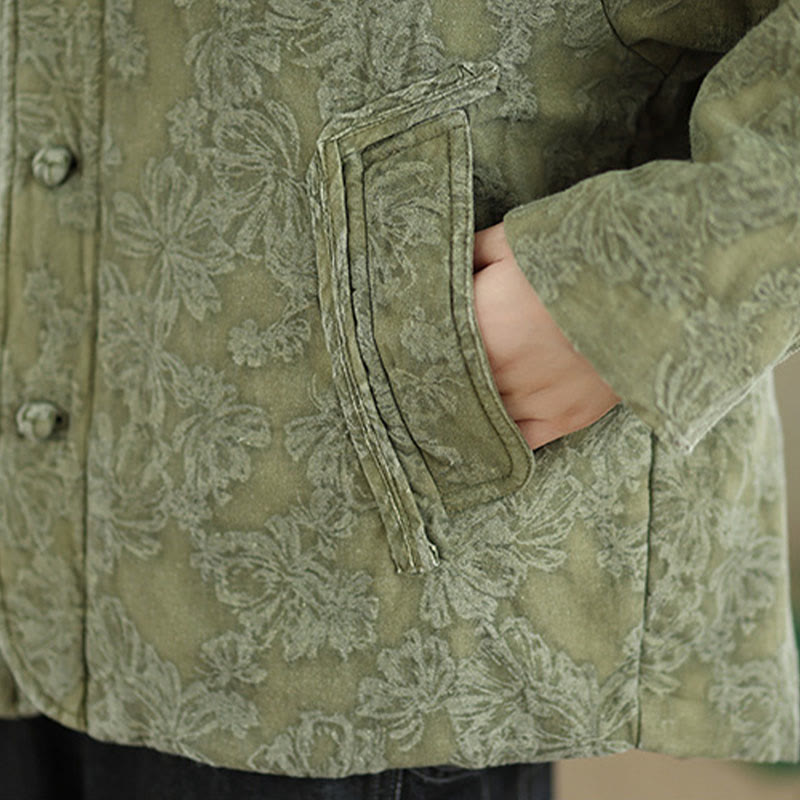 Nimara Ritual Winter V-Neck Jacquard Frog-Button Cotton Long Sleeve Women's Thermal Jacket With Pockets