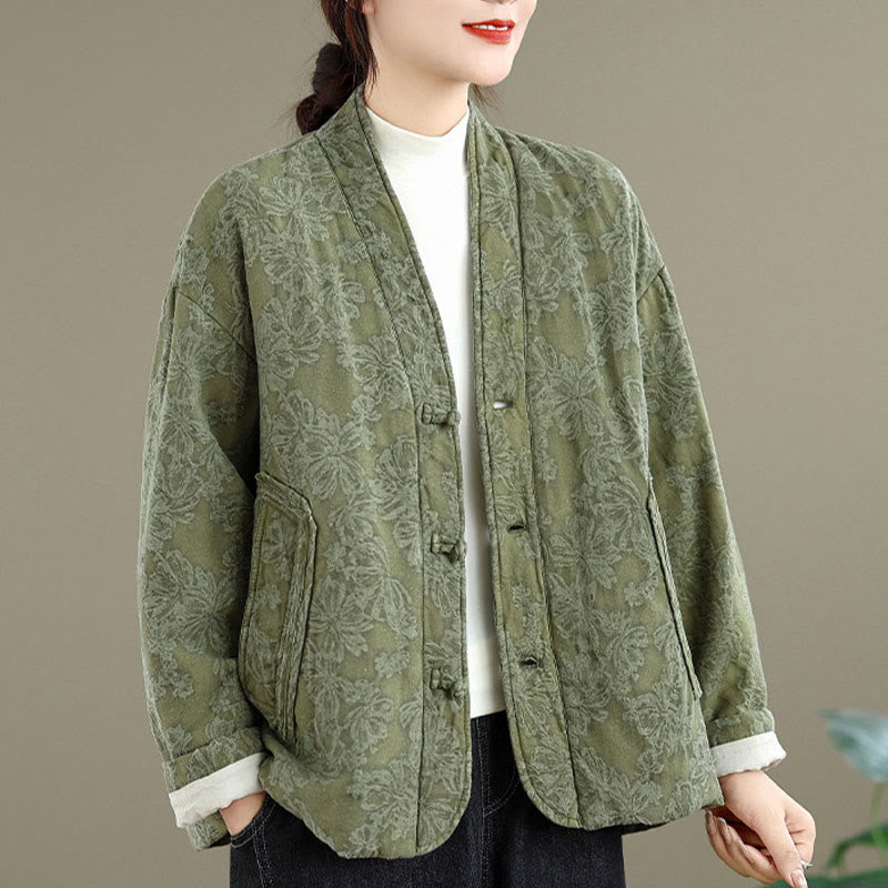 Nimara Ritual Winter V-Neck Jacquard Frog-Button Cotton Long Sleeve Women's Thermal Jacket With Pockets