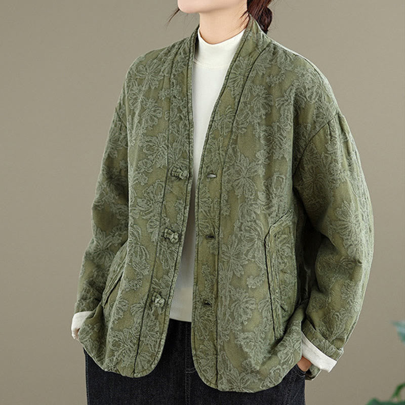 Nimara Ritual Winter V-Neck Jacquard Frog-Button Cotton Long Sleeve Women's Thermal Jacket With Pockets