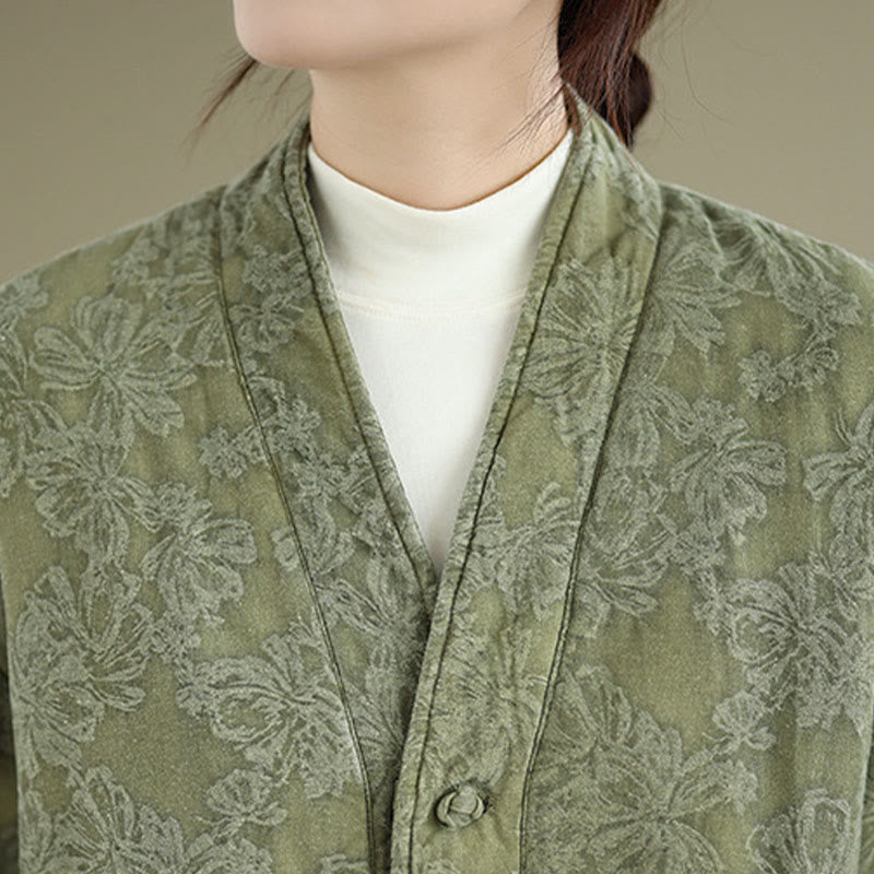 Nimara Ritual Winter V-Neck Jacquard Frog-Button Cotton Long Sleeve Women's Thermal Jacket With Pockets