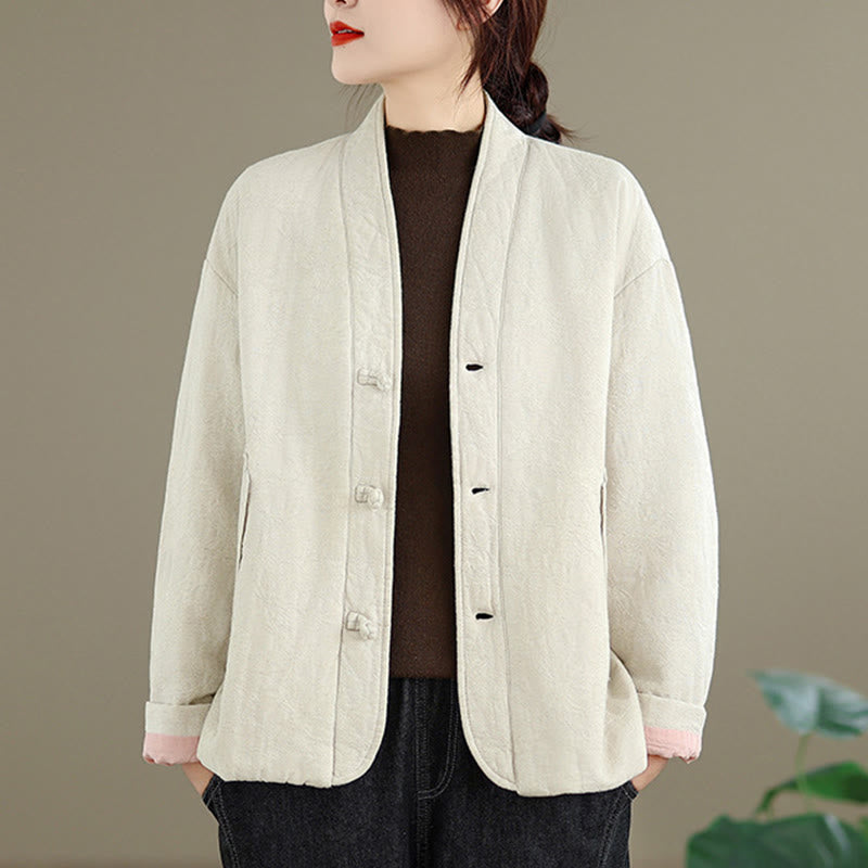 Nimara Ritual Winter V-Neck Jacquard Frog-Button Cotton Long Sleeve Women's Thermal Jacket With Pockets