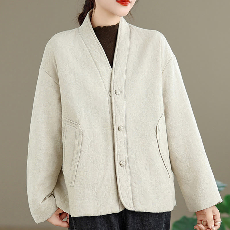 Nimara Ritual Winter V-Neck Jacquard Frog-Button Cotton Long Sleeve Women's Thermal Jacket With Pockets