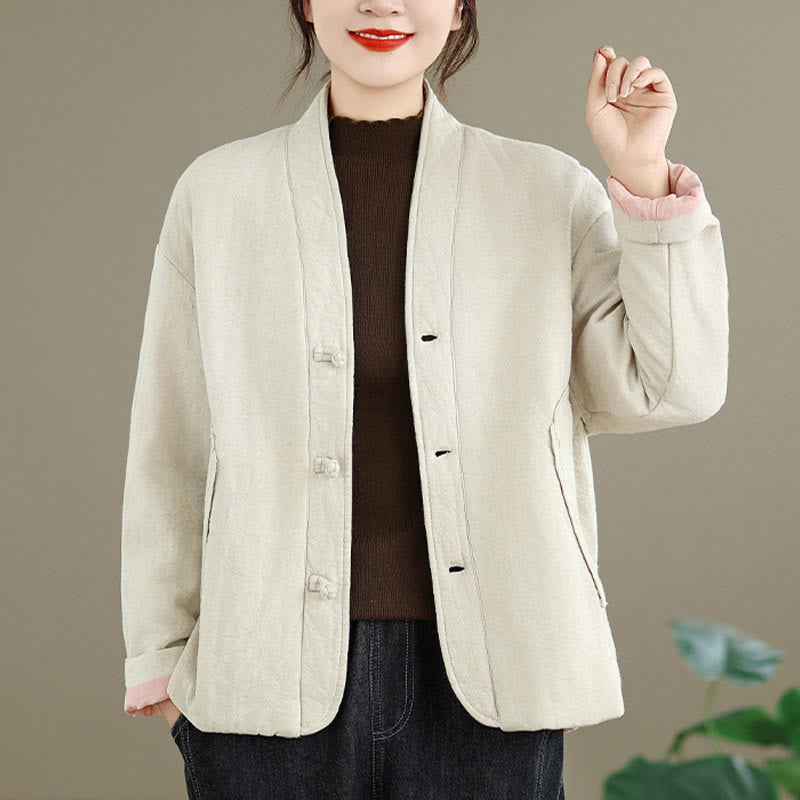 Nimara Ritual Winter V-Neck Jacquard Frog-Button Cotton Long Sleeve Women's Thermal Jacket With Pockets