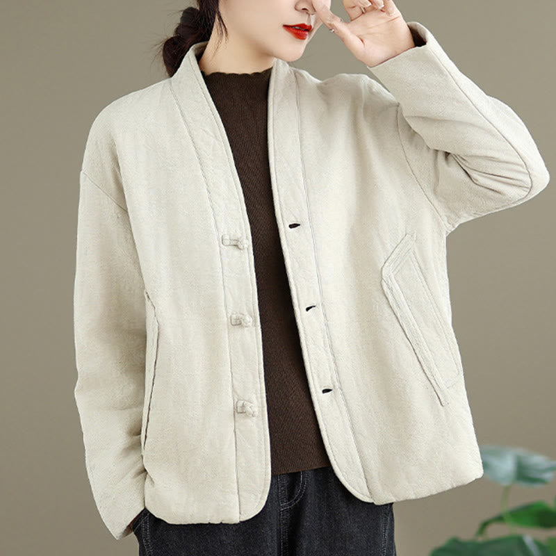 Nimara Ritual Winter V-Neck Jacquard Frog-Button Cotton Long Sleeve Women's Thermal Jacket With Pockets