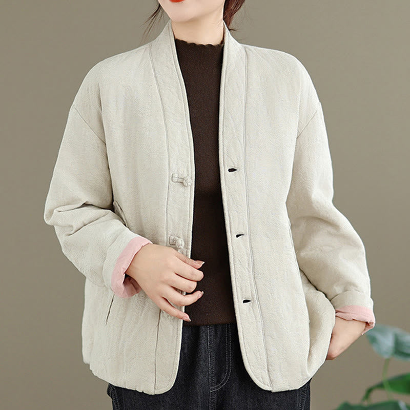 Nimara Ritual Winter V-Neck Jacquard Frog-Button Cotton Long Sleeve Women's Thermal Jacket With Pockets
