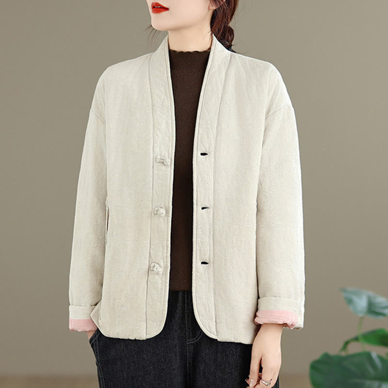Nimara Ritual Winter V-Neck Jacquard Frog-Button Cotton Long Sleeve Women's Thermal Jacket With Pockets