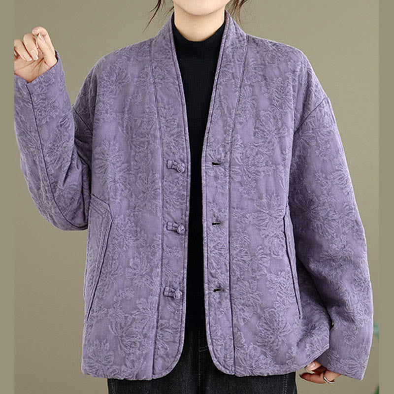 Nimara Ritual Winter V-Neck Jacquard Frog-Button Cotton Long Sleeve Women's Thermal Jacket With Pockets