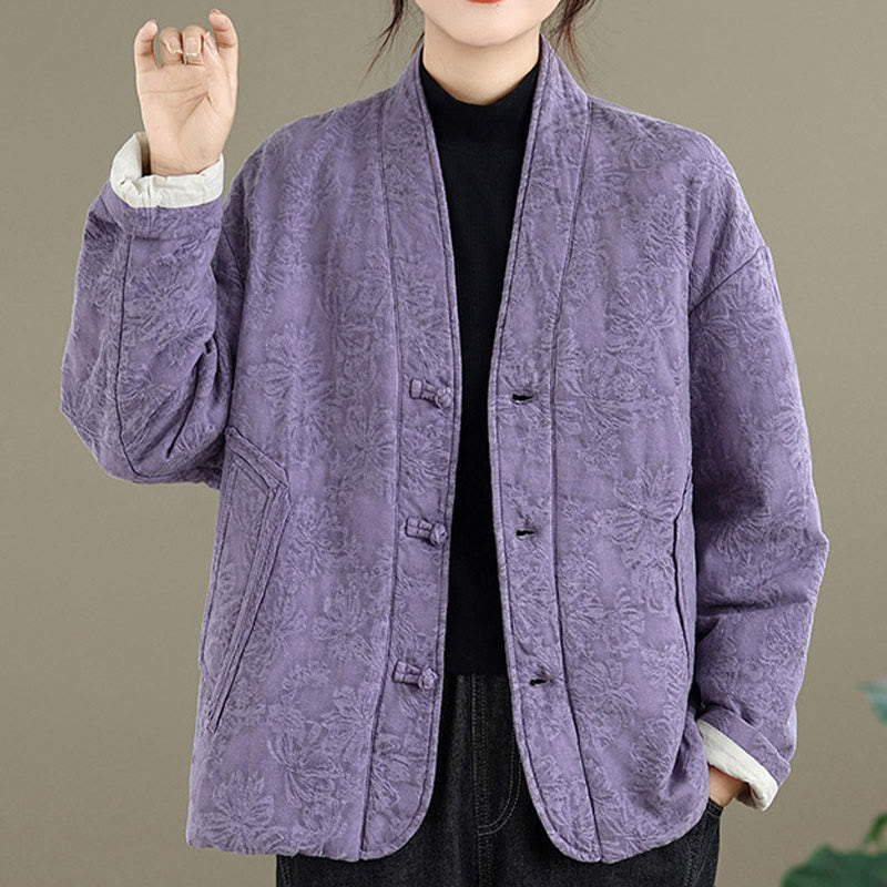 Nimara Ritual Winter V-Neck Jacquard Frog-Button Cotton Long Sleeve Women's Thermal Jacket With Pockets