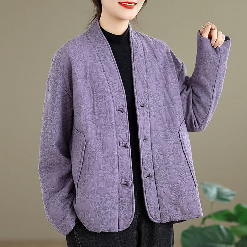 Nimara Ritual Winter V-Neck Jacquard Frog-Button Cotton Long Sleeve Women's Thermal Jacket With Pockets