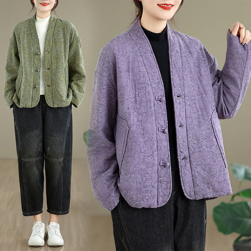 Nimara Ritual Winter V-Neck Jacquard Frog-Button Cotton Long Sleeve Women's Thermal Jacket With Pockets