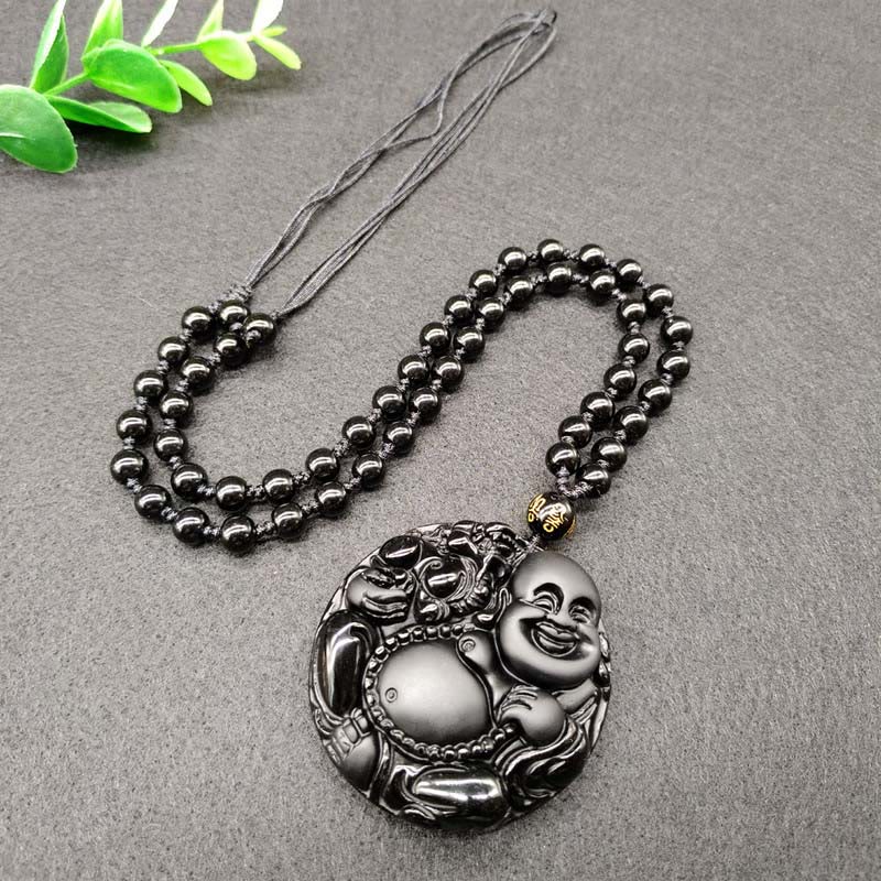Nimara Ritual Laughing Buddha Pattern Black Obsidian Glass Fulfilment Necklace Pendant